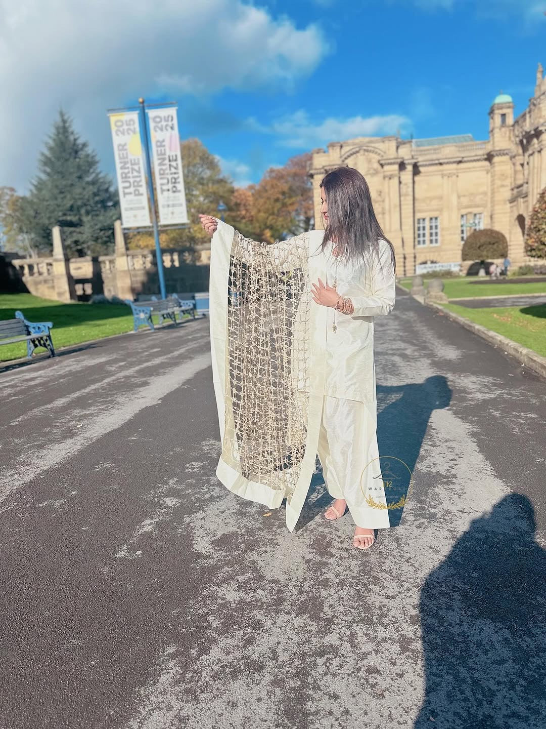 Sheesh dupatta with Rao silk farshi shalwar suit in cream color